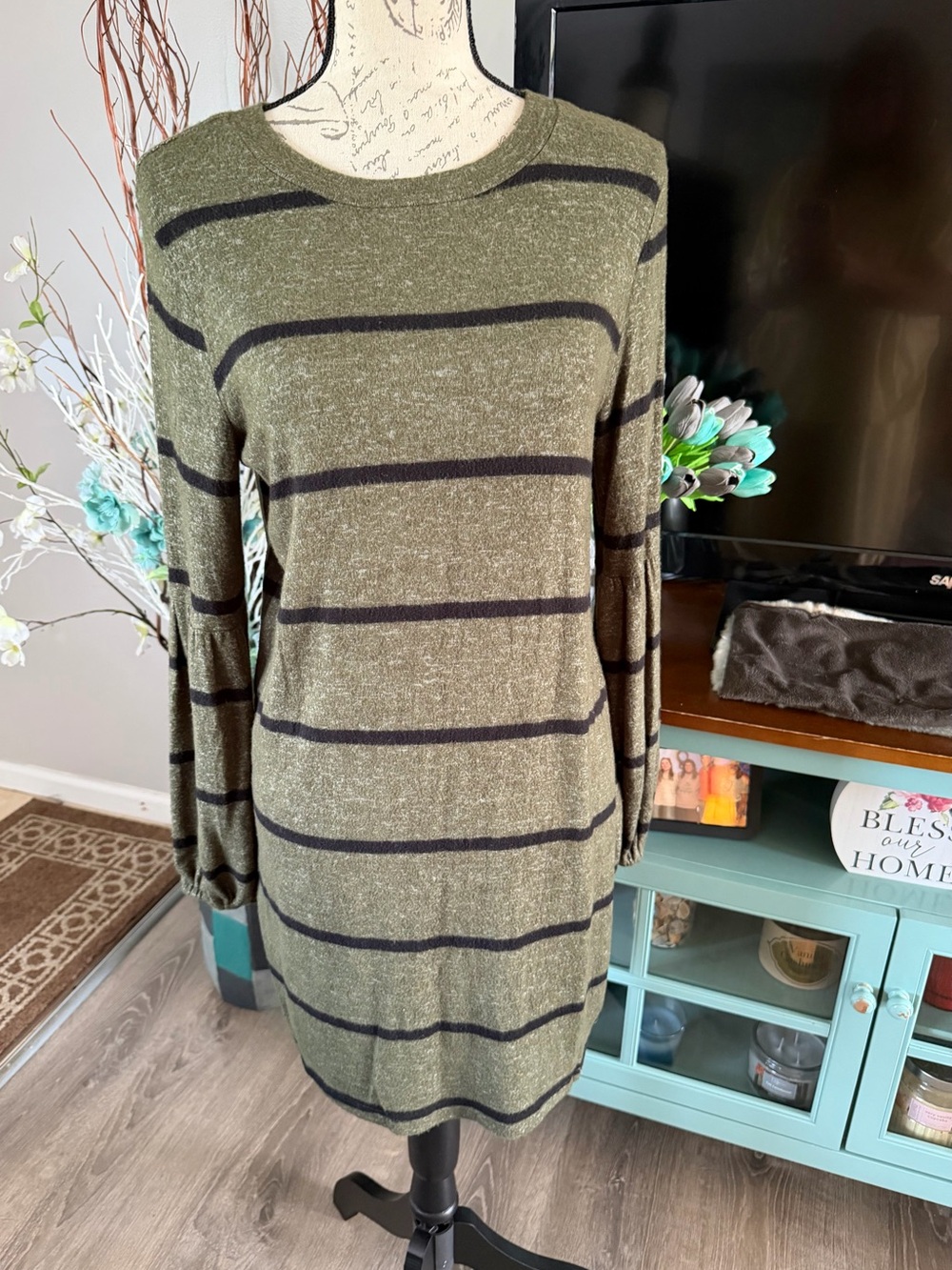 As U Wish Olive Green and Black Striped Midi Dress Size Small